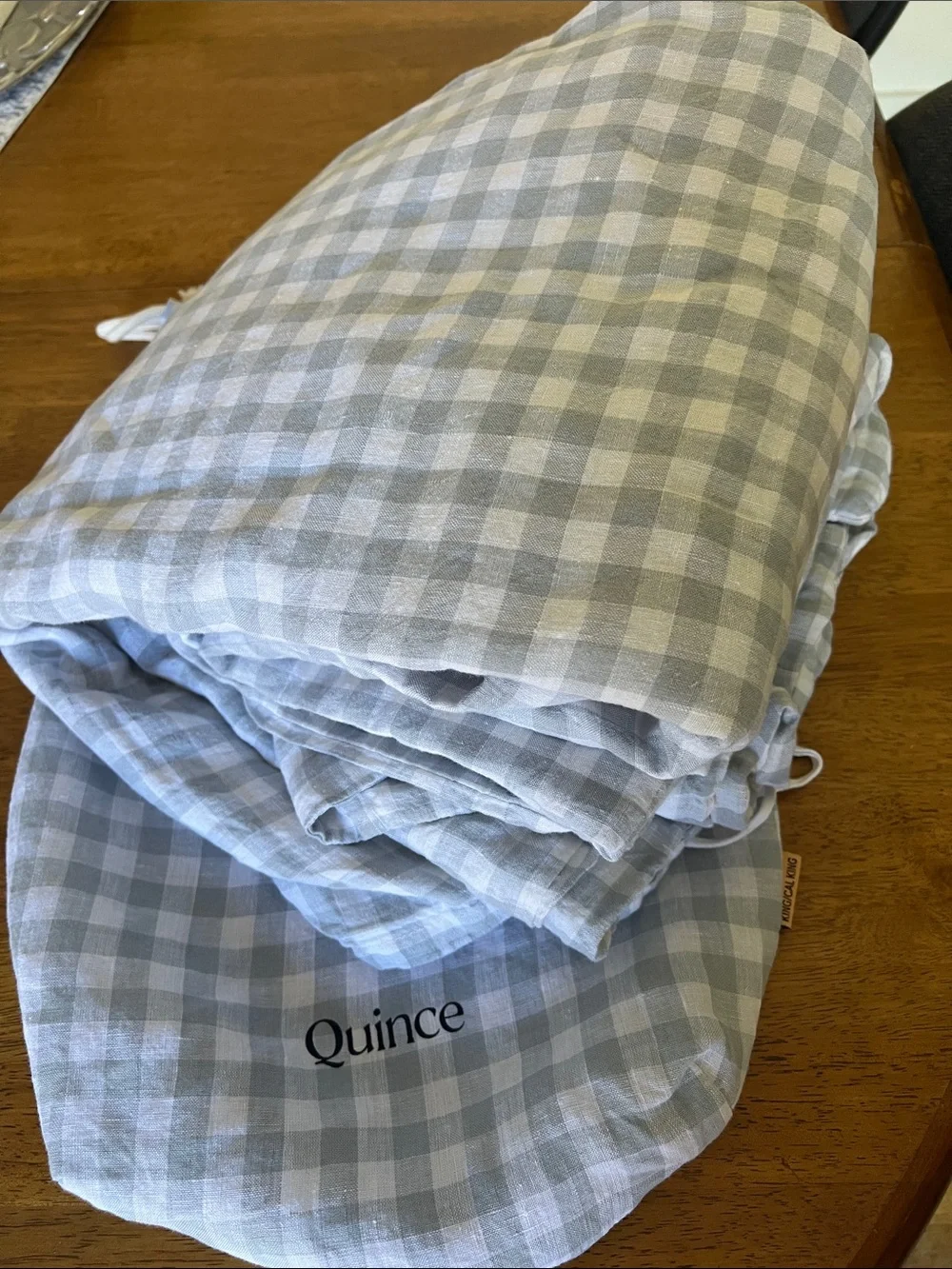Quince Blue fog Gingham Linen duvet cover only, size king/cal king